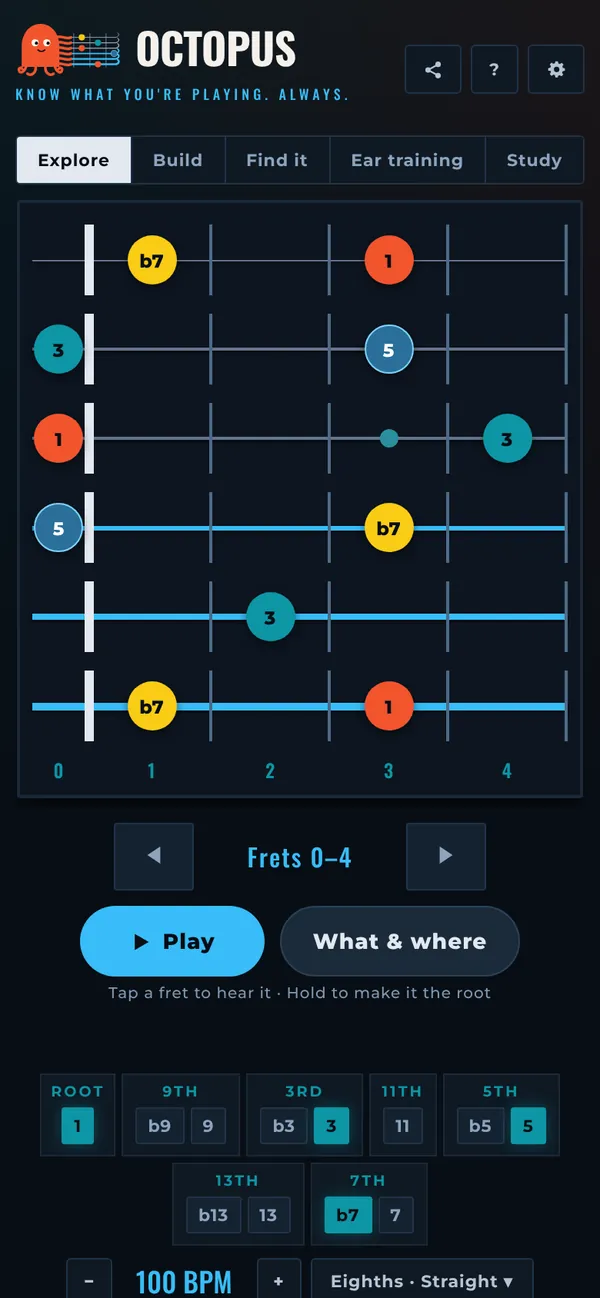 Octopus on a phone in portrait: G7 in a five fret window with Play and What & where buttons